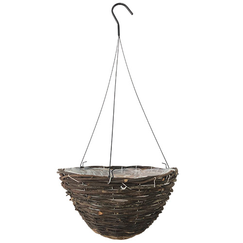 14" Black Rattan Basket w/ Rigid Wire Hanger